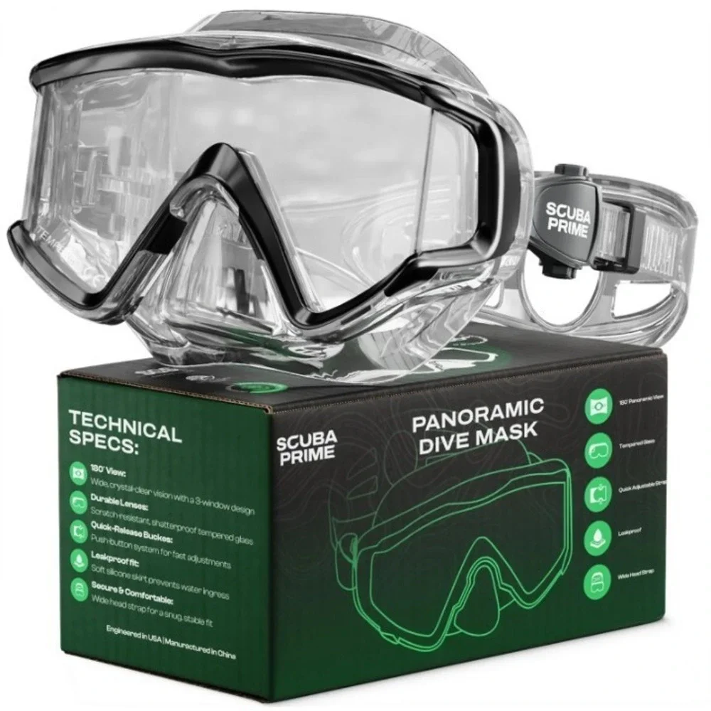Scuba Prime Panoramic Dive Mask 180° Tempered Glass 3-Window Snorkeling Scuba...